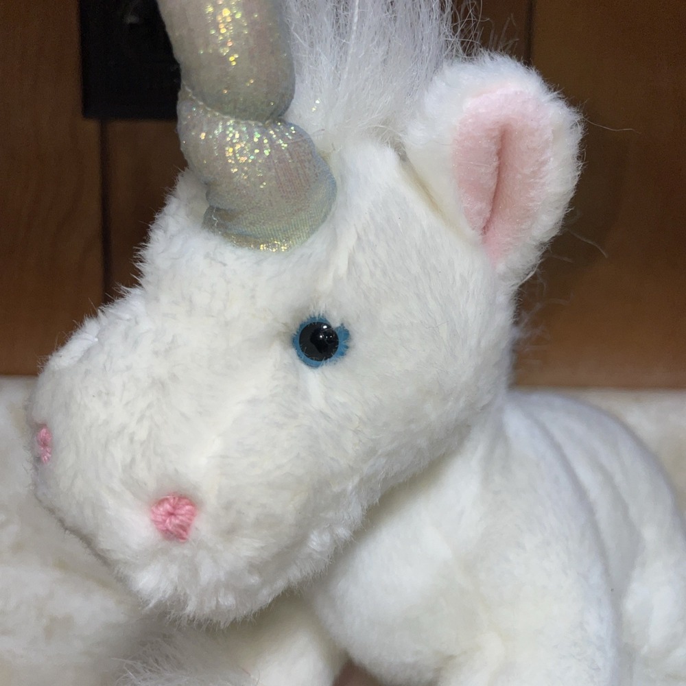 Vintage‎ Gaia White Unicorn Plush Stuffed Animal Toy Blue Eyes Iri. Horn Mane
